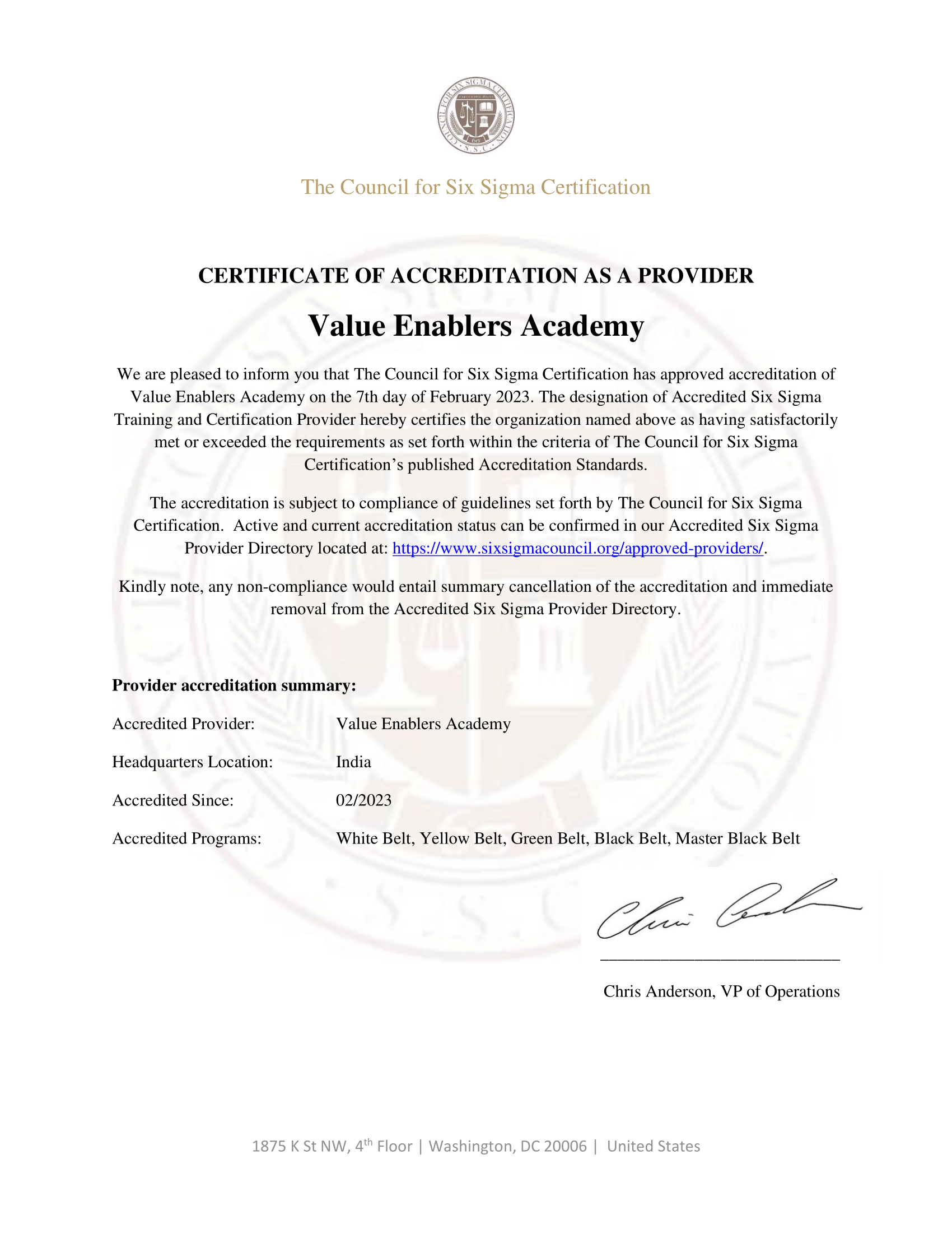CSSC Certificate of Accreditation